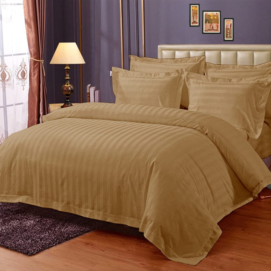 Pure Cotton Satin Stripe King Bedsheet - Khaki