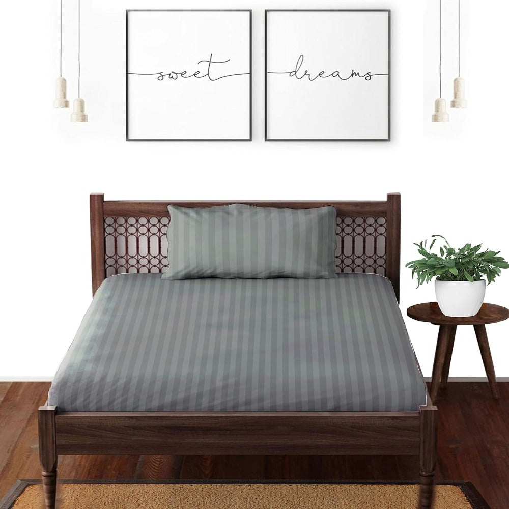 Satin striped pure cotton single bedsheet in silver