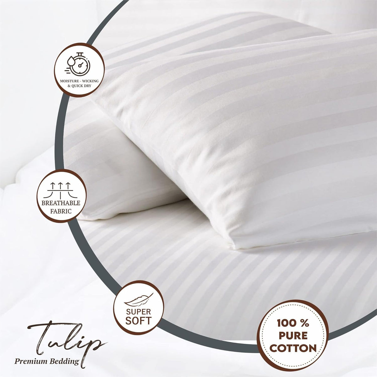 210 TC Pure Cotton Bag Type Satin Stripe Pillow Covers - White