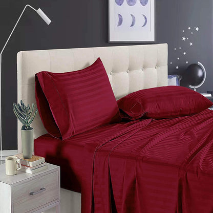 Pure Cotton Satin Stripe King Bedsheet - Maroon