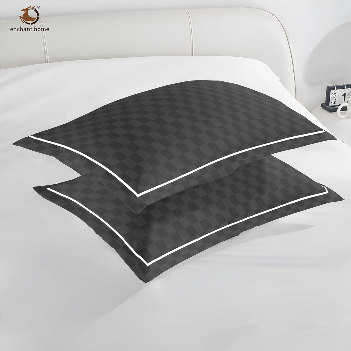 Pure Cotton 300 TC Checkered Pillow Cover Set - Dark Grey