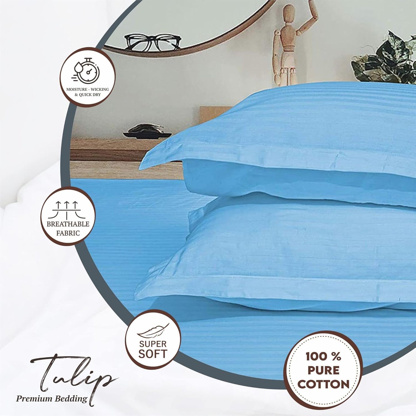 Pure Cotton Pillow Covers with Satin Stripe - Sky Blue