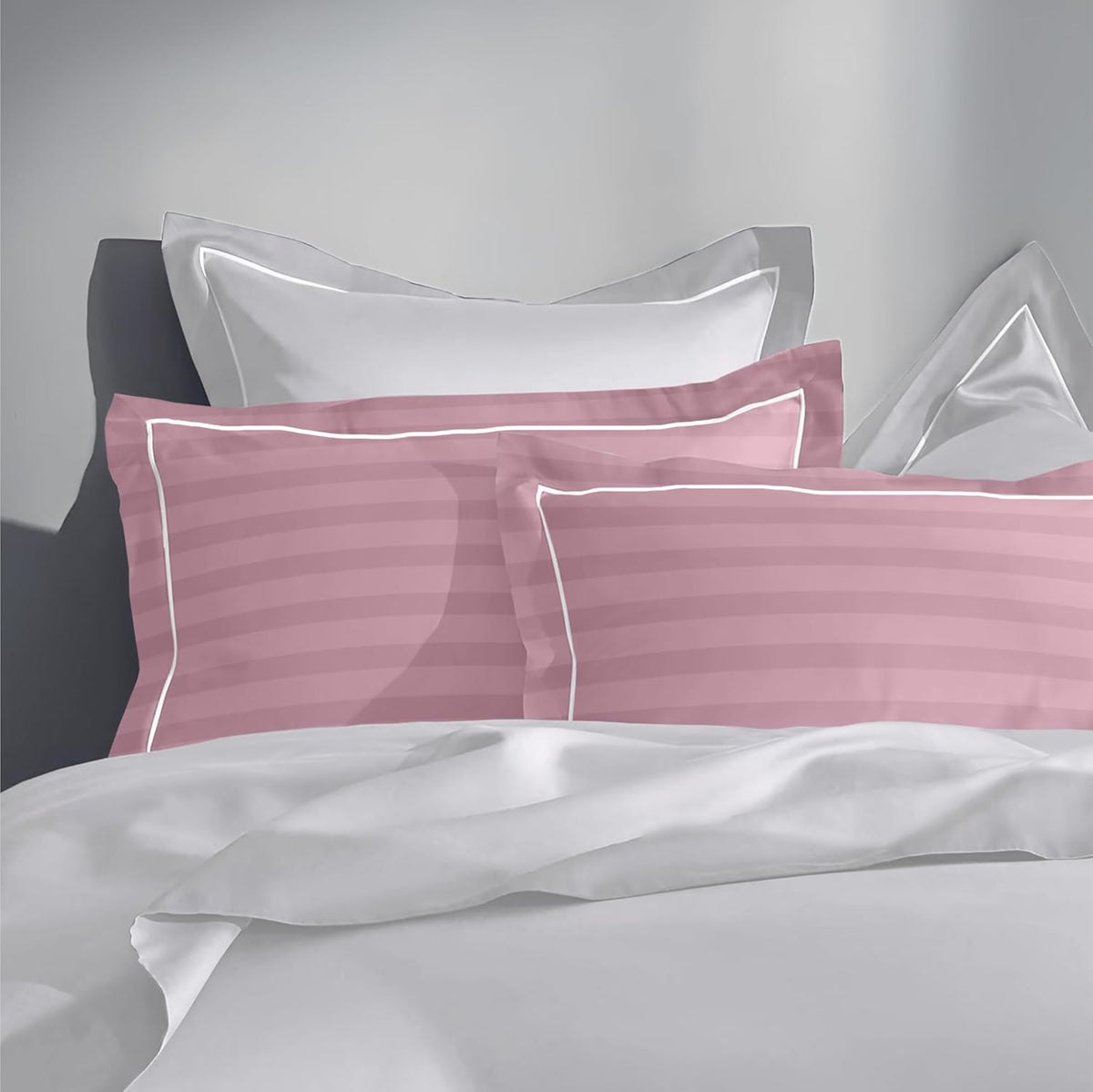 Pure Cotton 300 TC Striped Pillow Cover Set - Cameo Rose