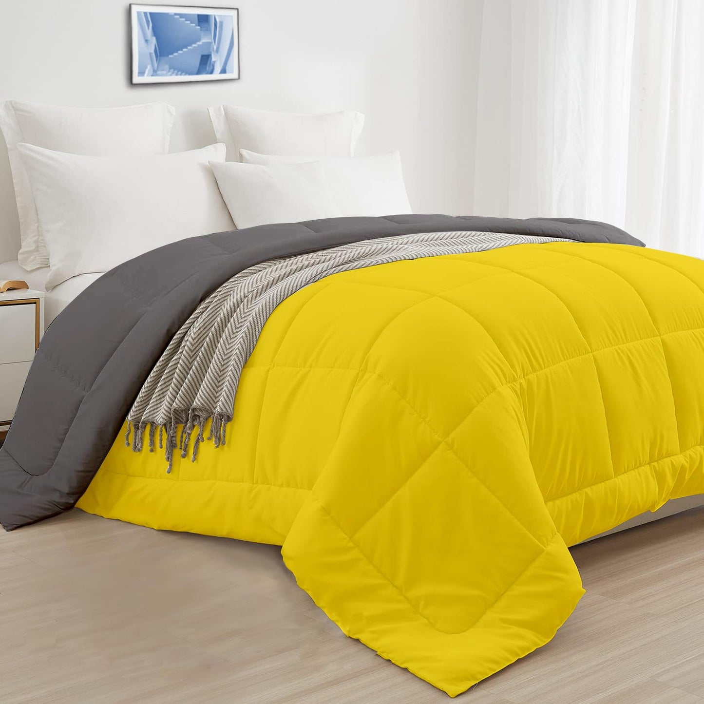 Yellow and grey microfiber AC comforter folded view