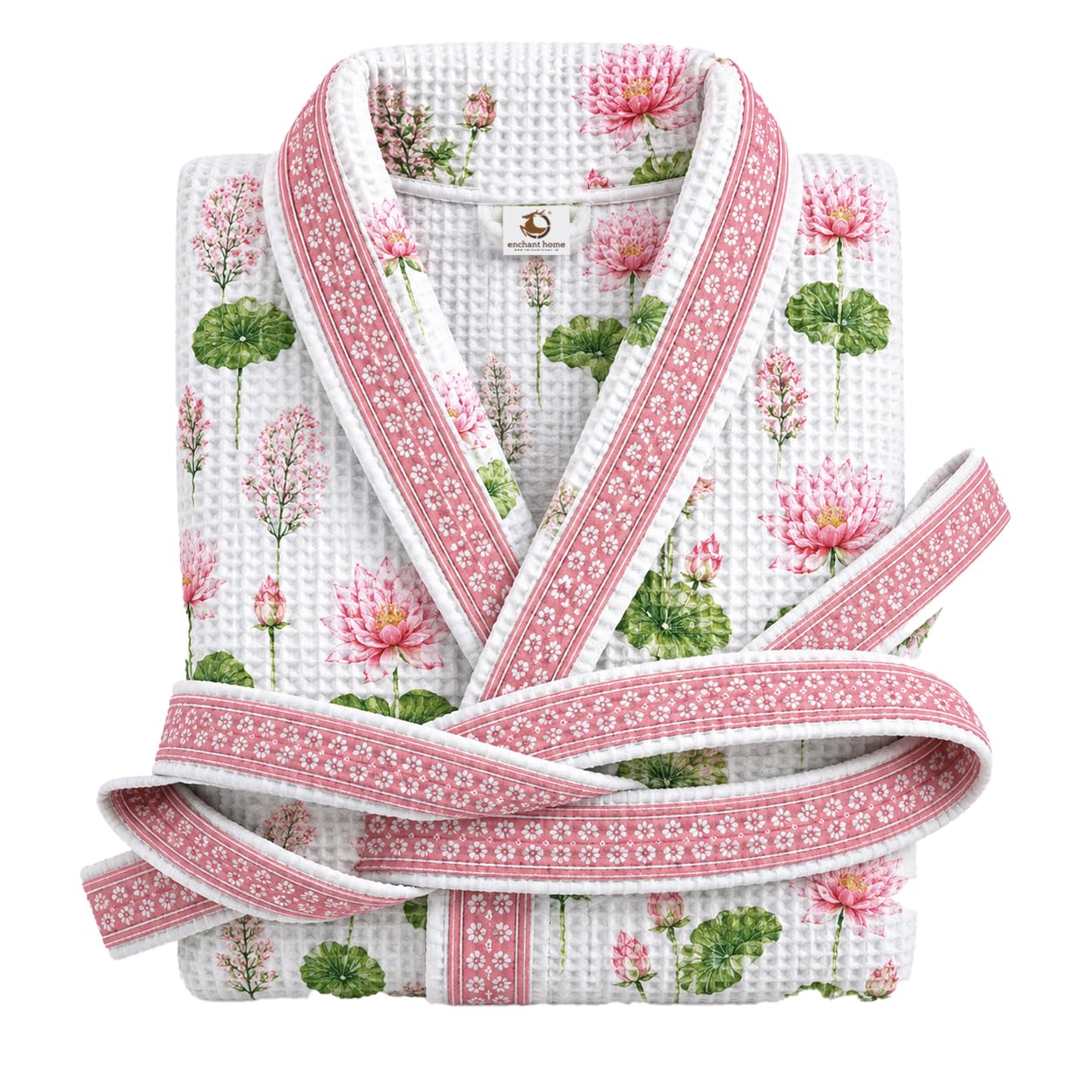 Premium print cotton rich waffle robe in lotus serene print