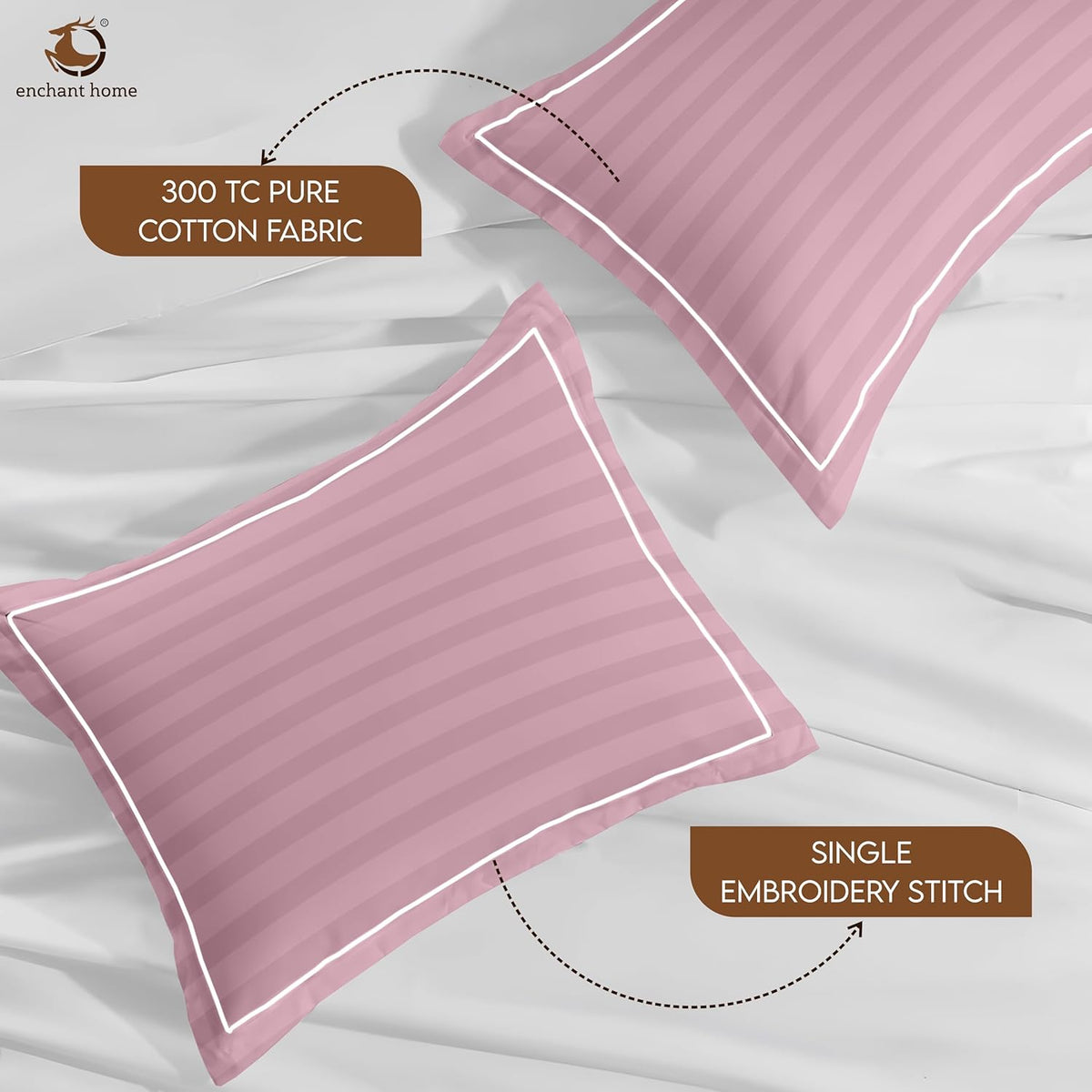 Pure Cotton 300 TC Striped Pillow Cover Set - Cameo Rose