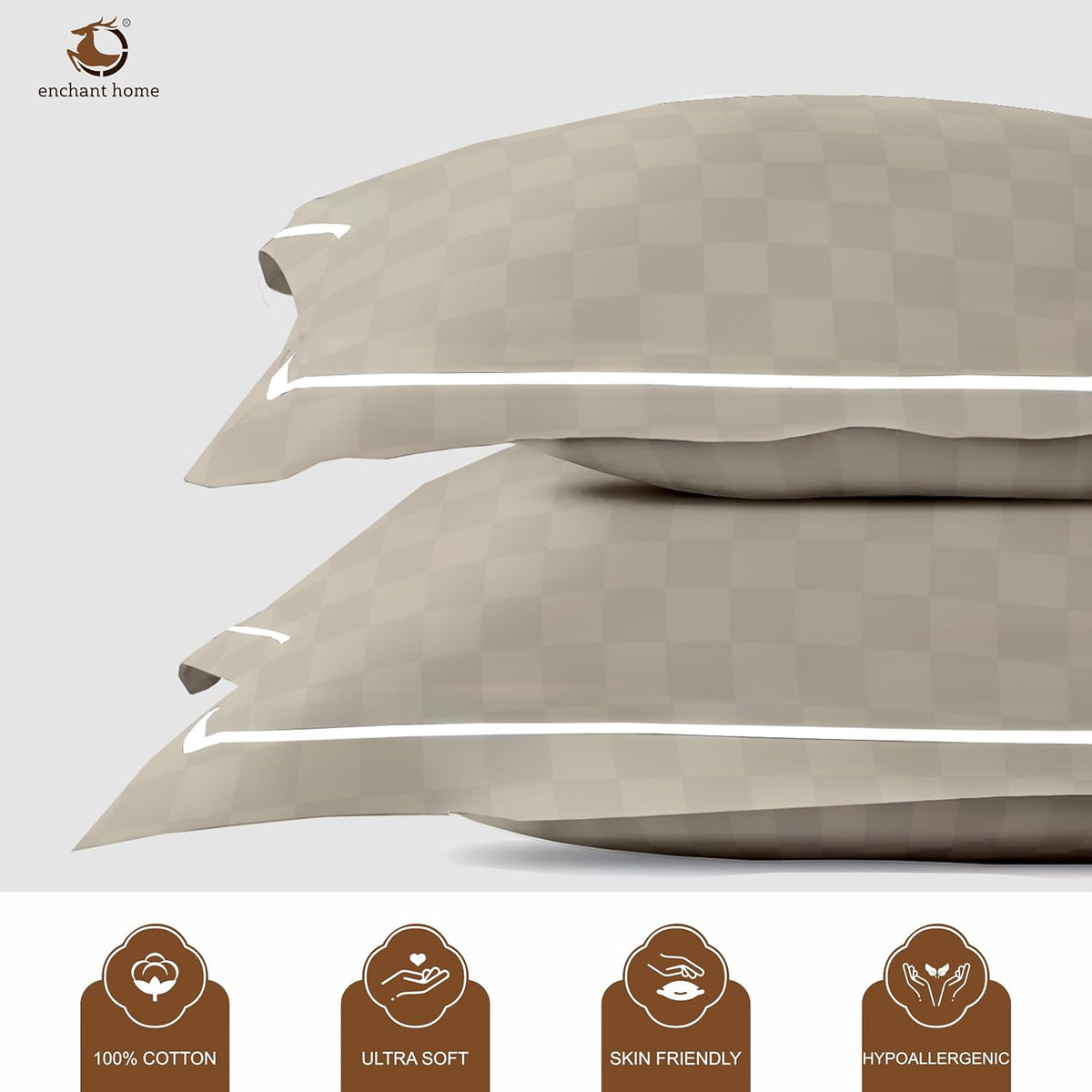Pure Cotton 300 TC Checkered Pillow Cover Set - Beige