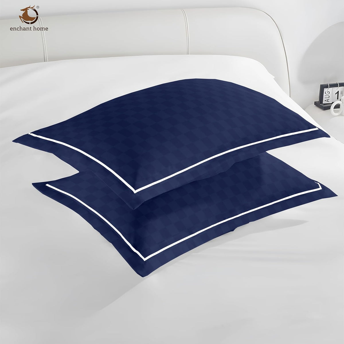 Pure Cotton 300 TC Checkered Pillow Cover Set - Navy Blue