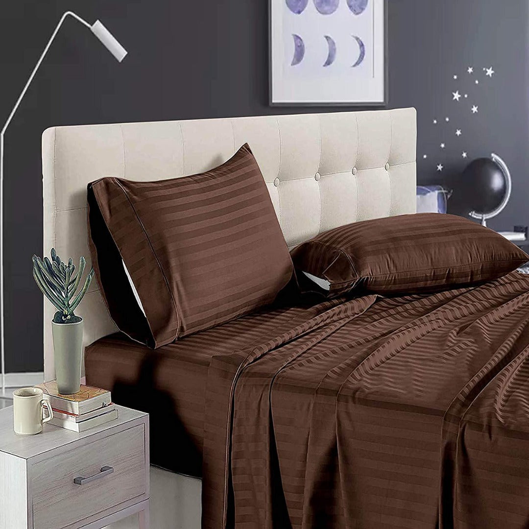 Pure Cotton Satin Stripe King Bedsheet - Coffee