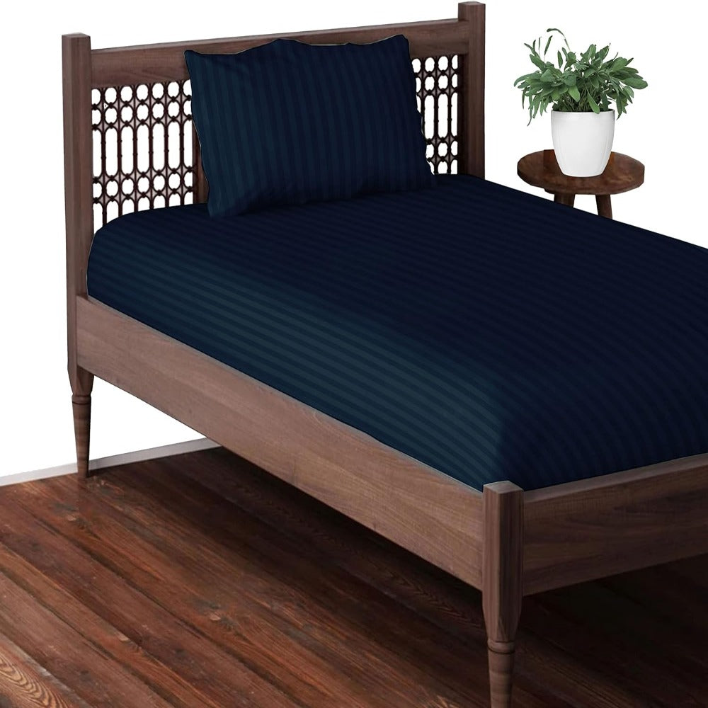 Navy blue satin stripe single bedsheet with pillow cover – view 2