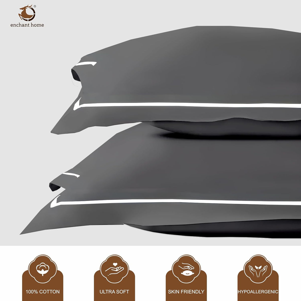 Pure Cotton 300 TC Solid Pillow Cover Set - Dark Grey