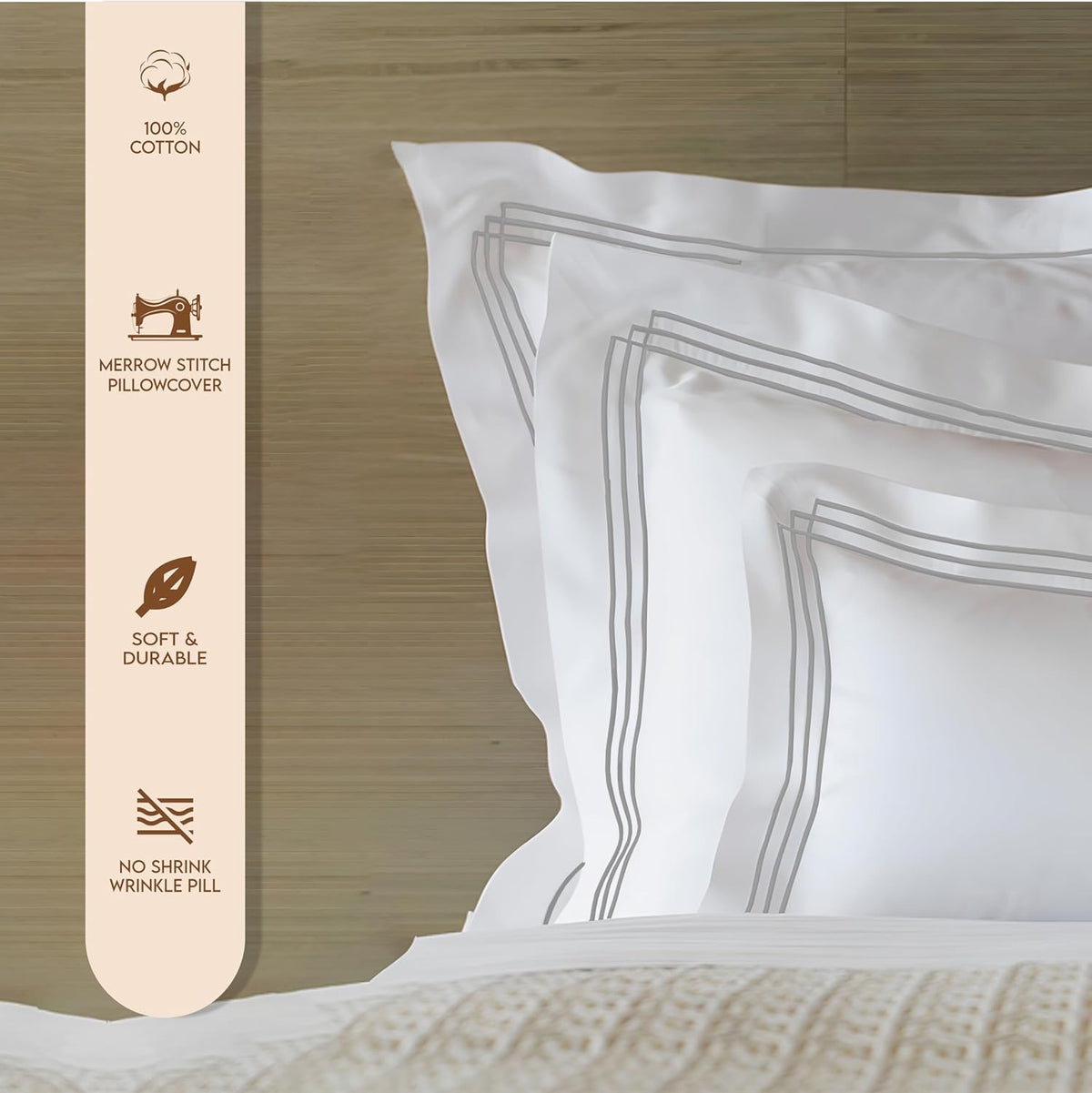 Pure Cotton 500 TC Premium Pillow Cover Set - White Triple Silver