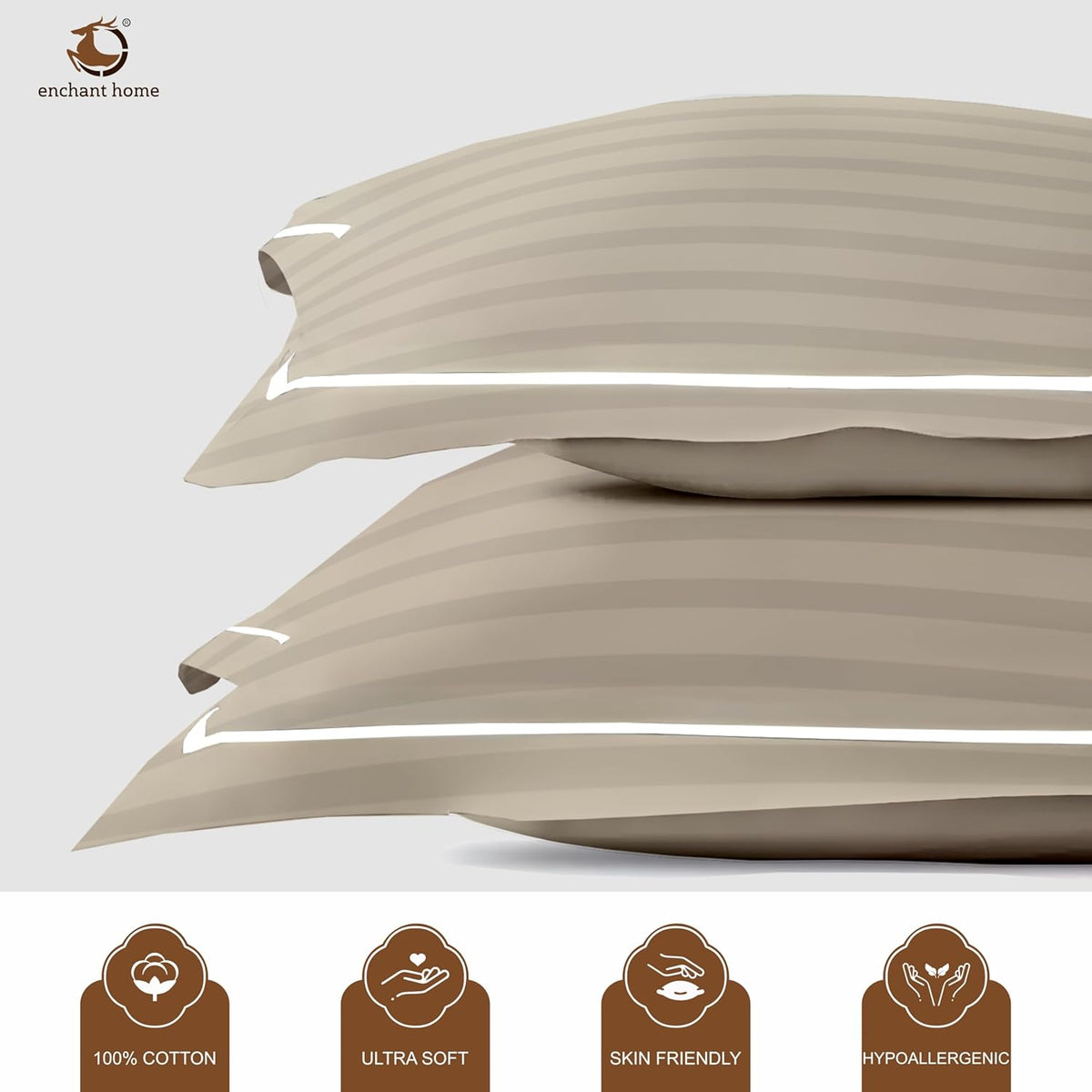Pure Cotton 300 TC Striped Pillow Cover Set - Pearl