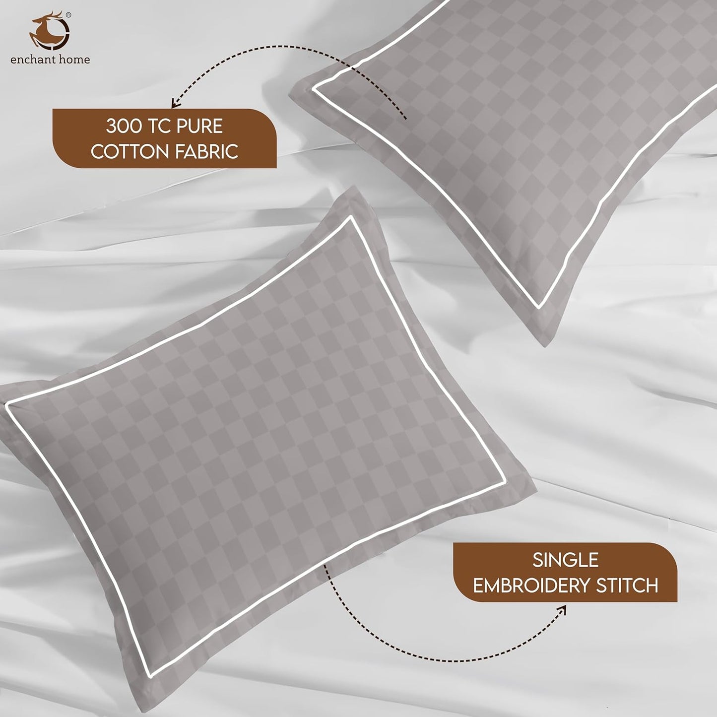 Pure Cotton 300 TC Checkered Pillow Cover Set - Silver