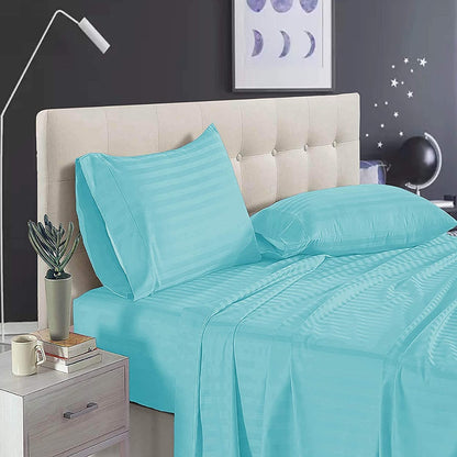 Pure Cotton Satin Stripe King Bedsheet - Aqua