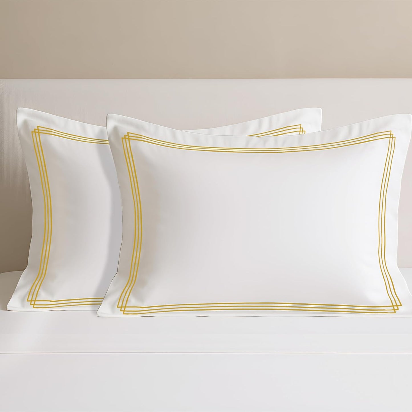 Pure cotton 500 TC premium pillow cover set in white with triple golden stripes