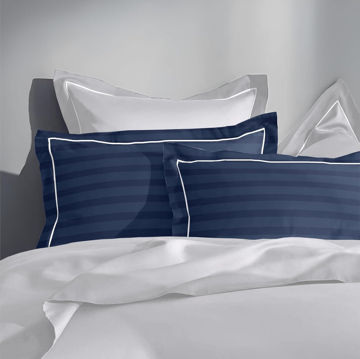 Pure Cotton 300 TC Striped Pillow Cover Set - Navy Blue