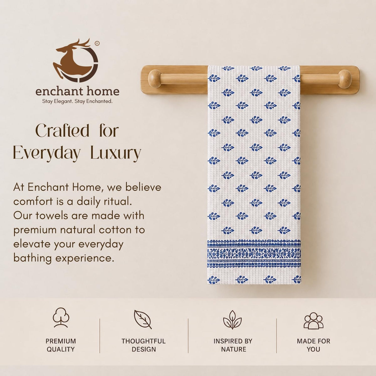 Pure Cotton Printed Waffle Hand Towel - Indigo Buti