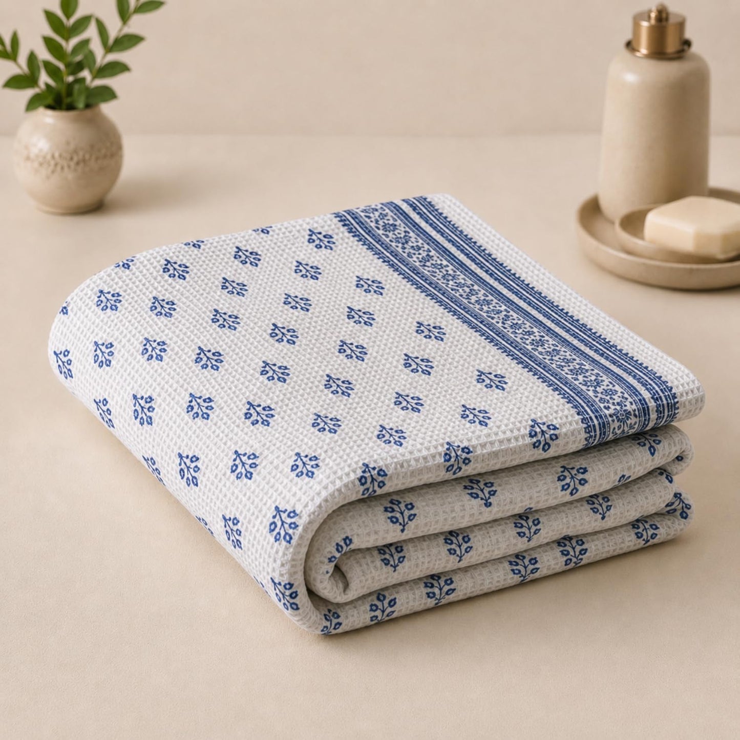 Pure cotton printed waffle bath towel in indigo buti print