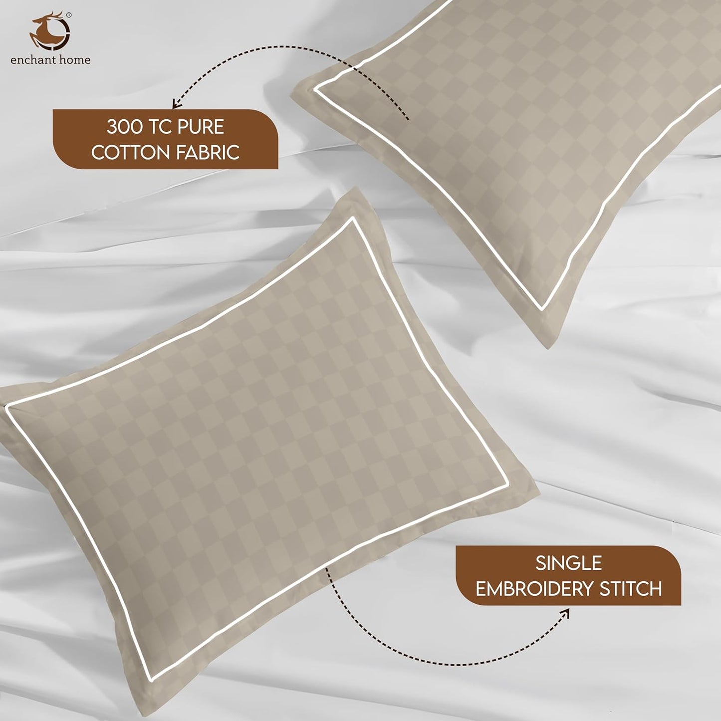 Pure Cotton 300 TC Checkered Pillow Cover Set - Beige