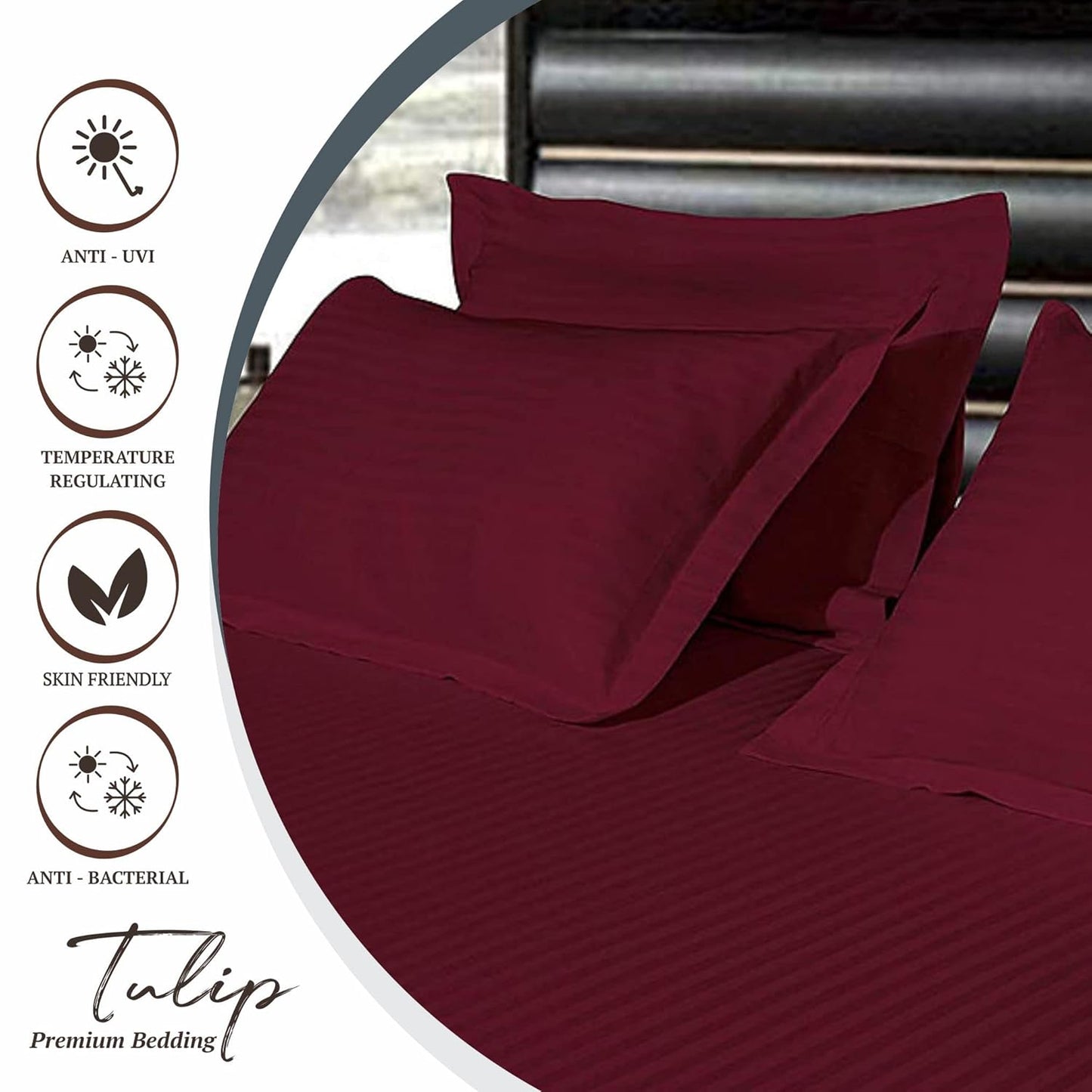 Pure Cotton Pillow Covers with Satin Stripe - Maroon