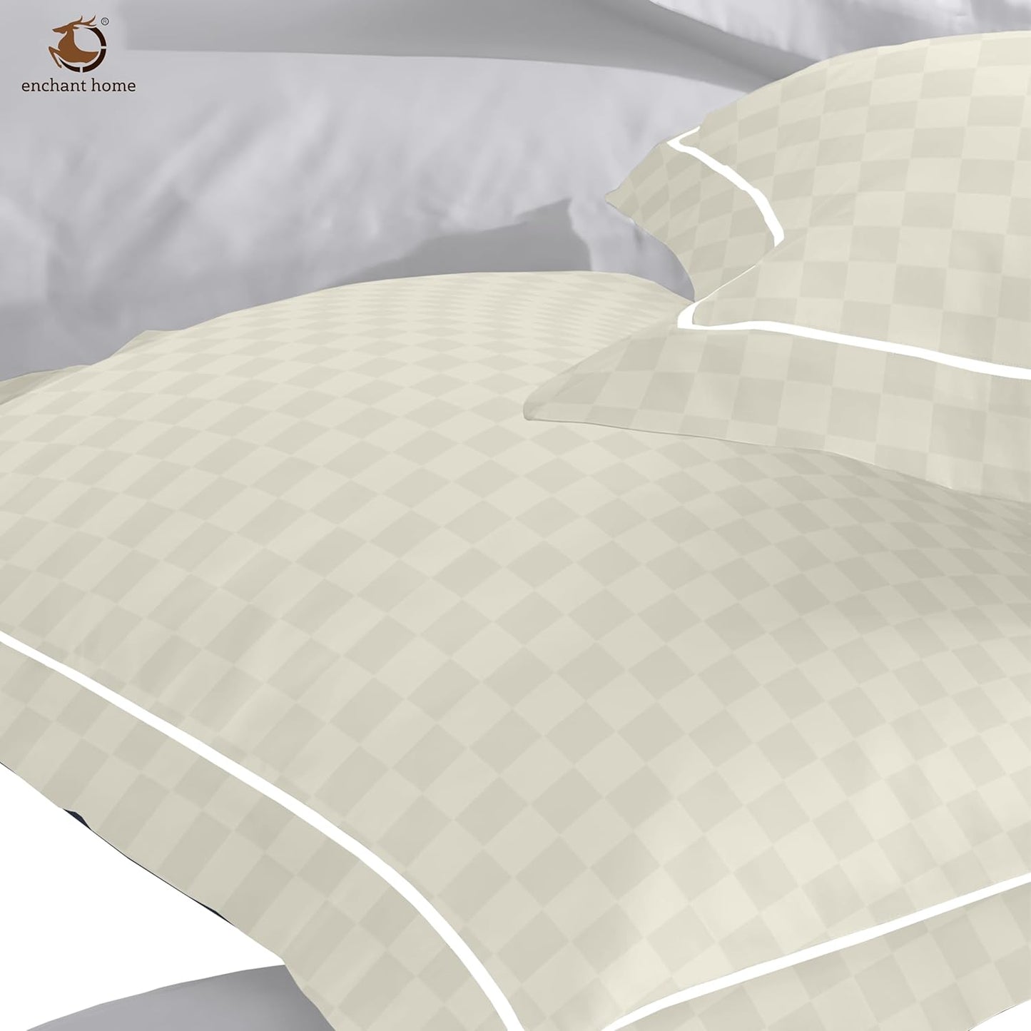Pure Cotton 300 TC Checkered Pillow Cover Set - Ivory