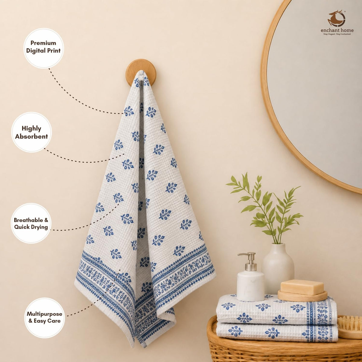 Pure Cotton Printed Waffle Hand Towel - Indigo Buti