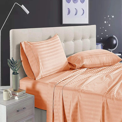 Pure Cotton Satin Stripe King Bedsheet - Light Orange