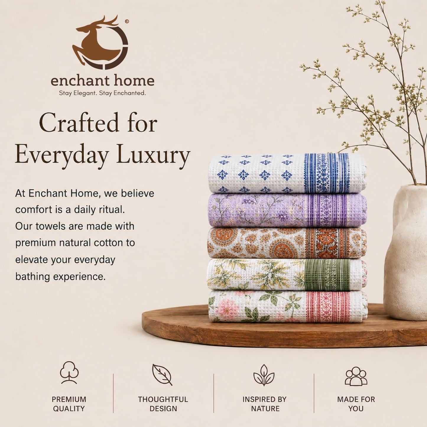 Pure Cotton Printed Waffle Bath Towel - Lilac Bloom