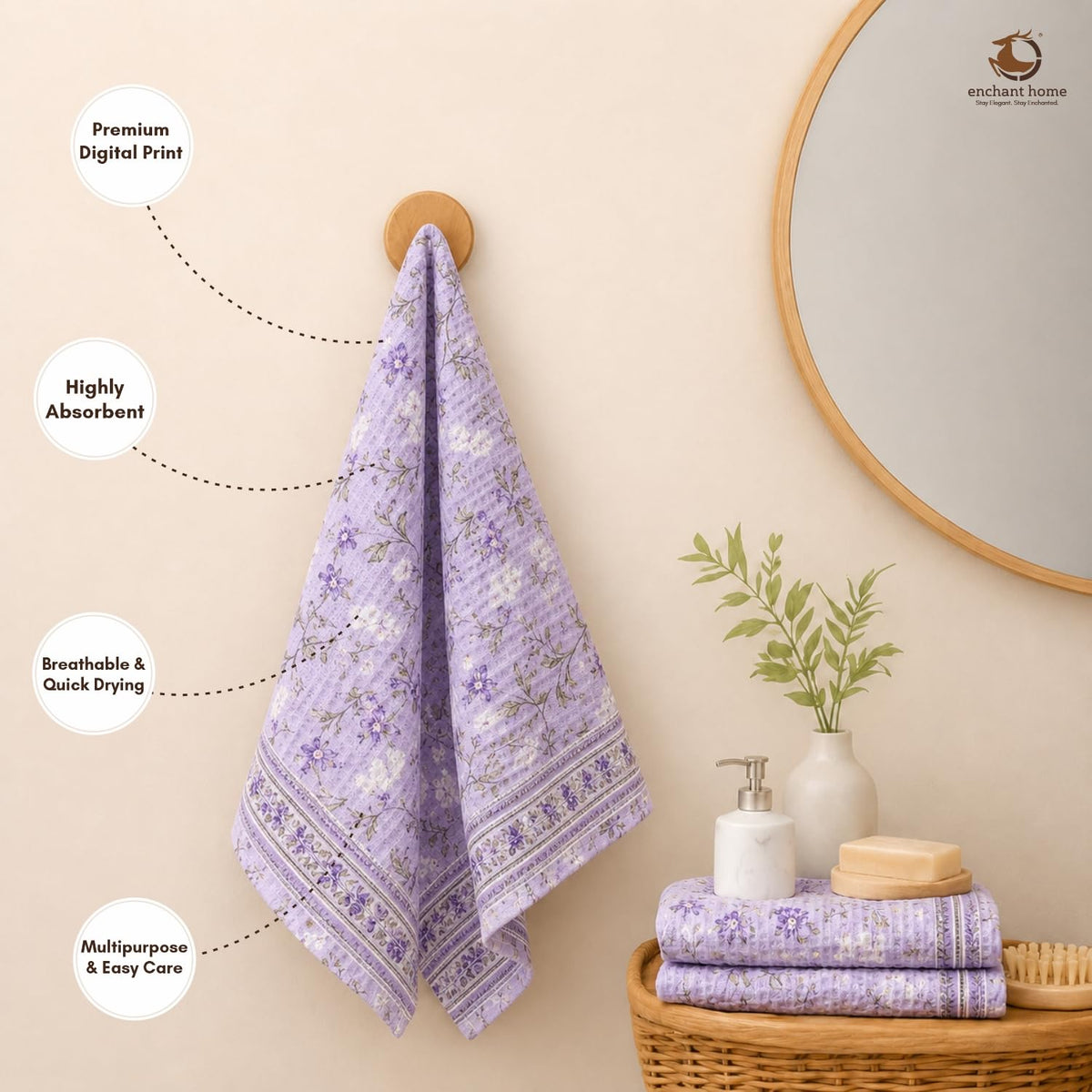 Pure Cotton Printed Waffle Hand Towel - Lilac Bloom