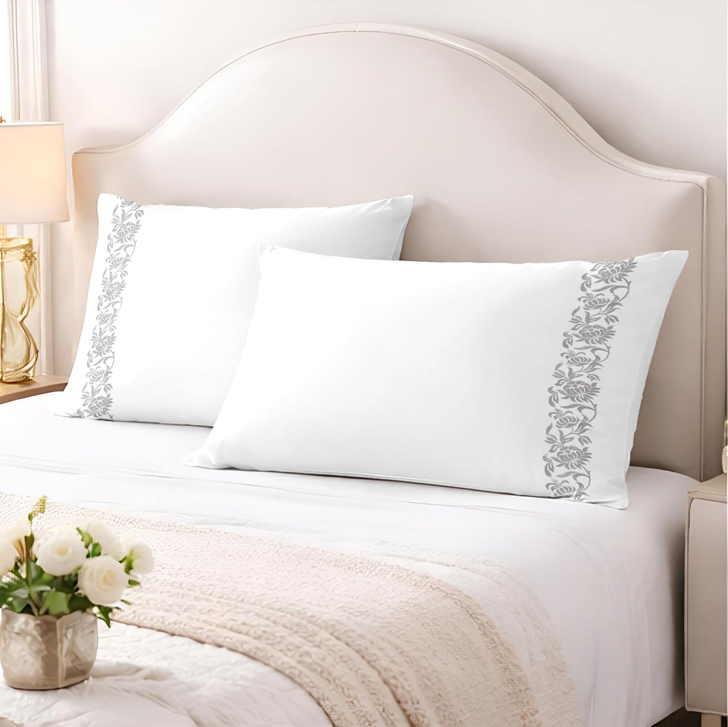 Pure cotton 500 TC embroidered bag type pillow cover set in silver blossom