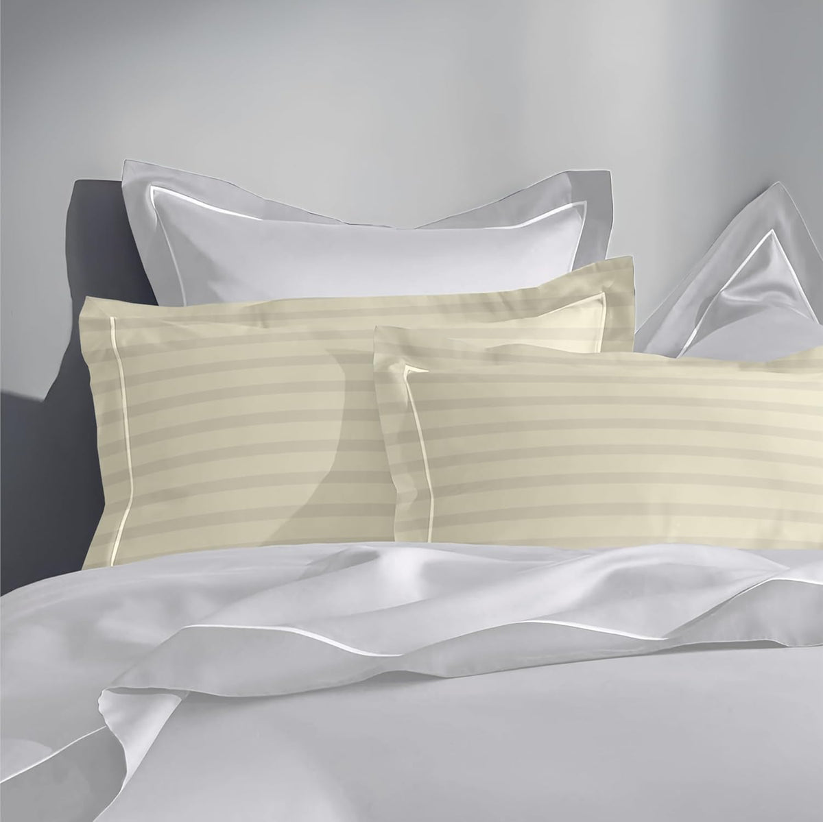 Pure Cotton 300 TC Striped Pillow Cover Set - Ivory