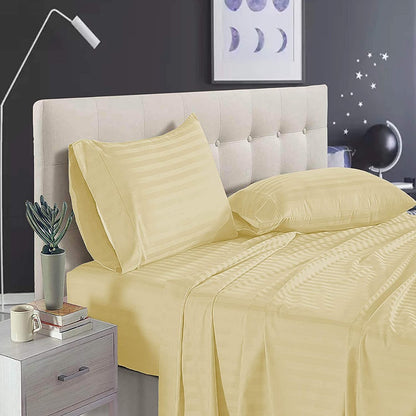 Pure Cotton Satin Stripe King Bedsheet - Light Yellow