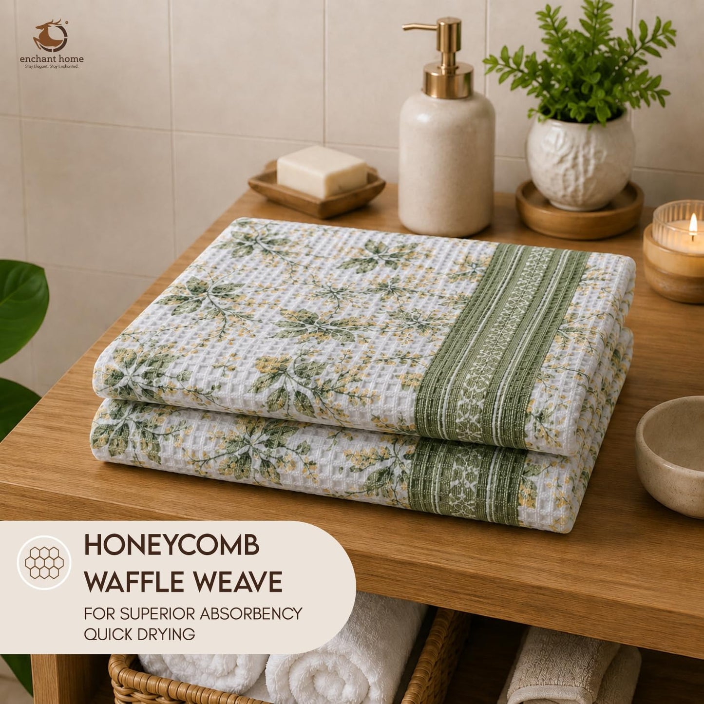 Pure Cotton Printed Waffle Bath Towel - Sage Botanical