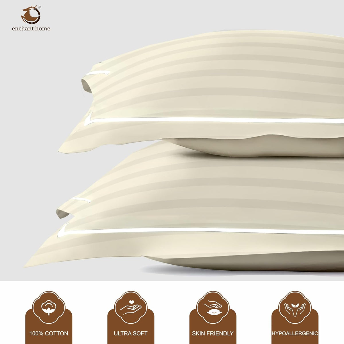 Pure Cotton 300 TC Striped Pillow Cover Set - Ivory
