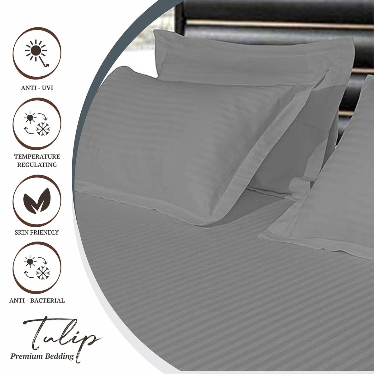 Pure Cotton Pillow Covers with Satin Stripe - Silver