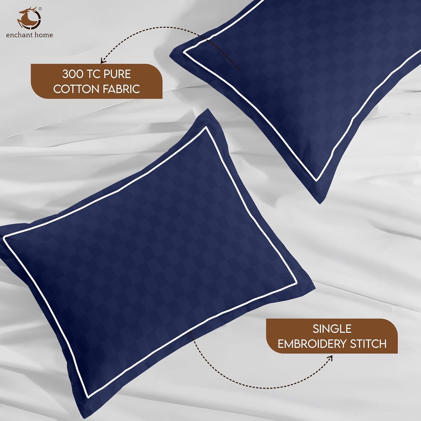 Pure Cotton 300 TC Checkered Pillow Cover Set - Navy Blue