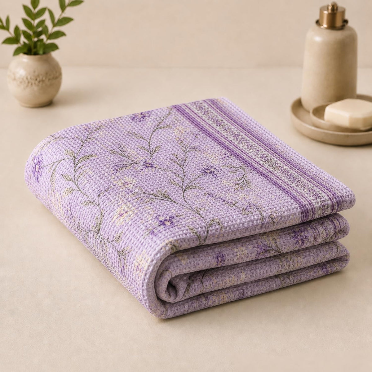 Pure cotton printed waffle bath towel in lilac bloom print