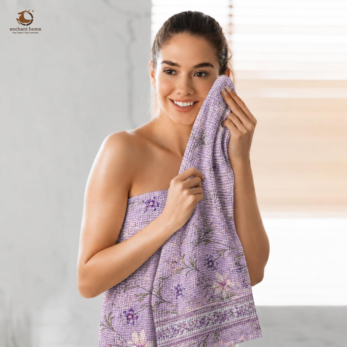 Pure Cotton Printed Waffle Bath Towel - Lilac Bloom