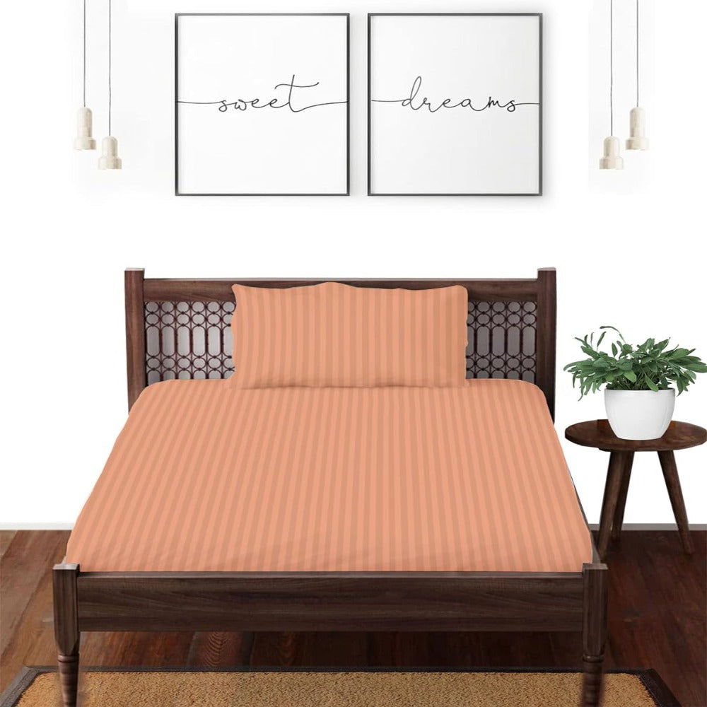 Satin striped pure cotton single bedsheet in light orange