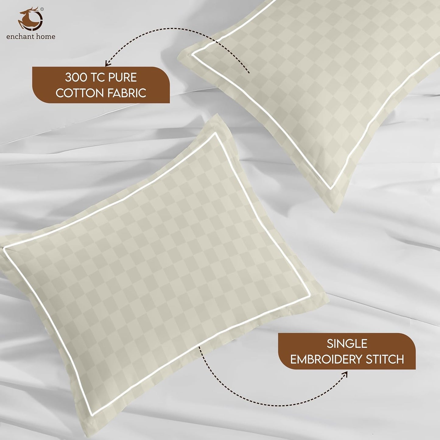 Pure Cotton 300 TC Checkered Pillow Cover Set - Ivory