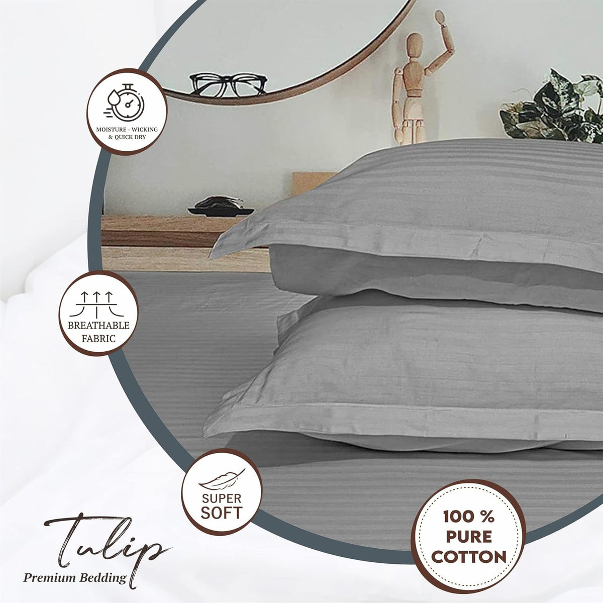 Pure Cotton Pillow Covers with Satin Stripe - Silver