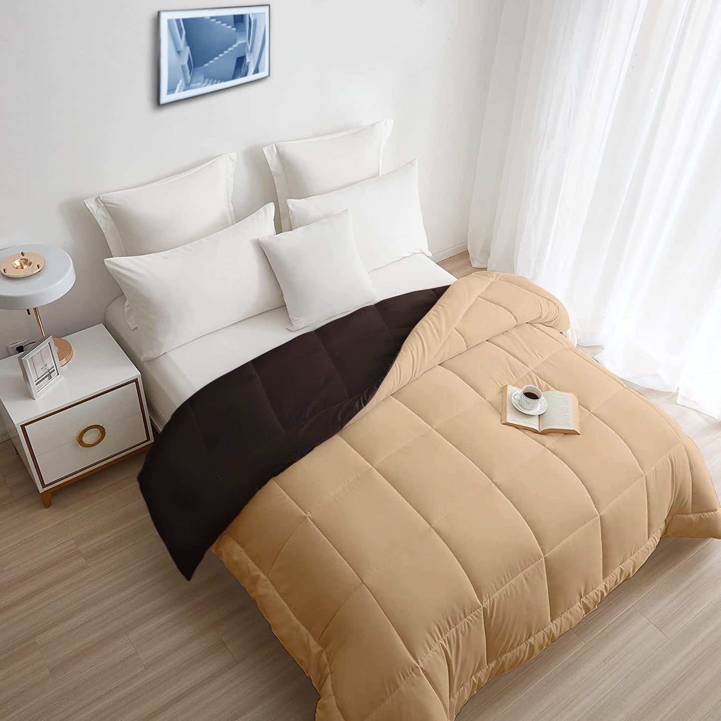 200 GSM microfiber AC comforter in beige and coffee on a bed