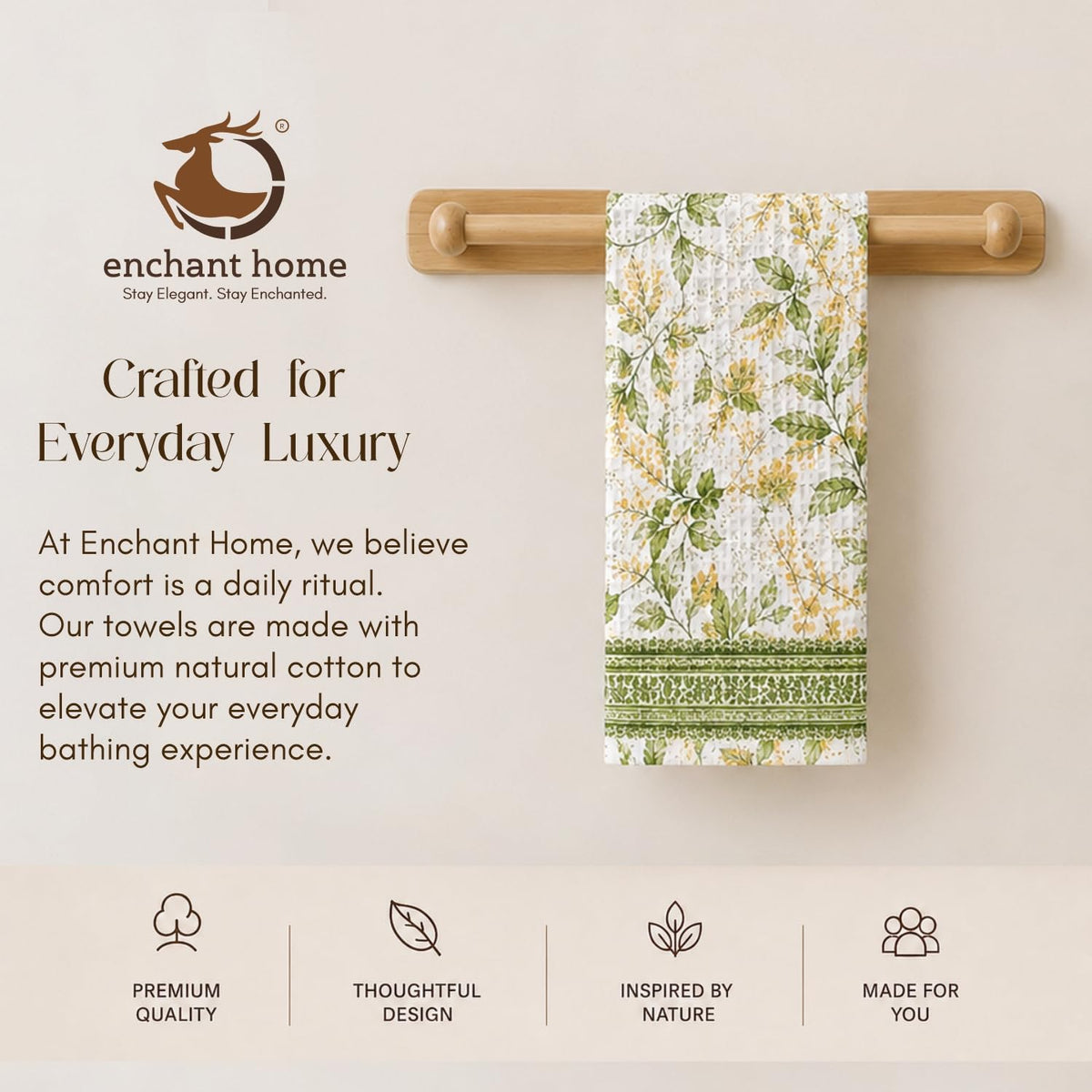 Pure Cotton Printed Waffle Hand Towel - Sage Botanical