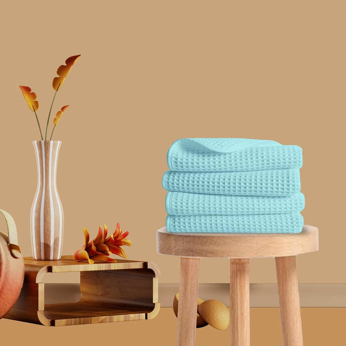 Pure Cotton Waffle Hand Towels - Aqua