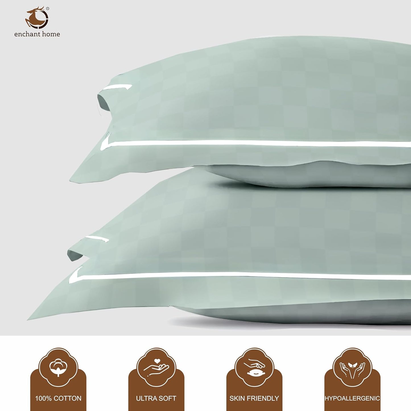 Pure Cotton 300 TC Checkered Pillow Cover Set - Olive