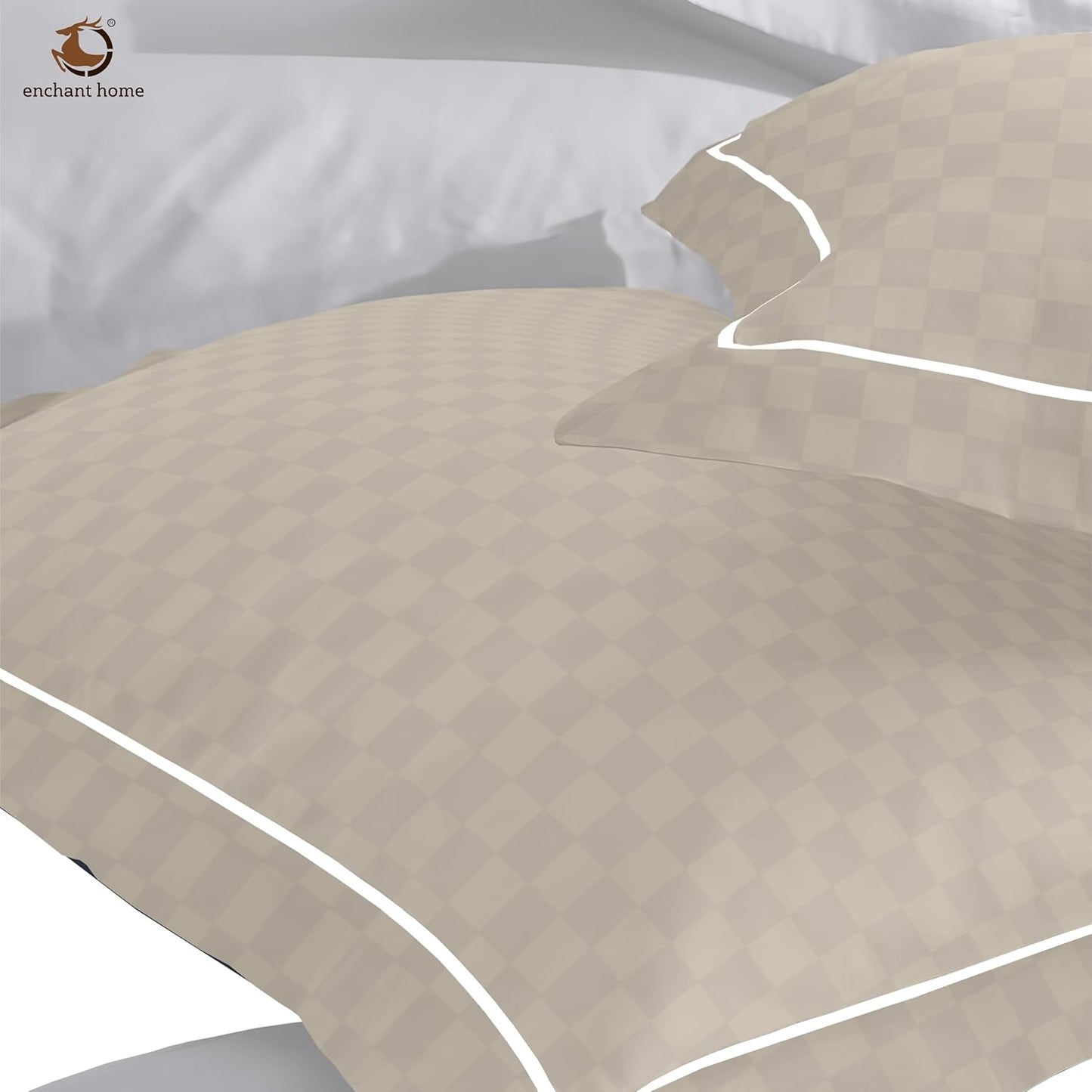 Pure Cotton 300 TC Checkered Pillow Cover Set - Beige