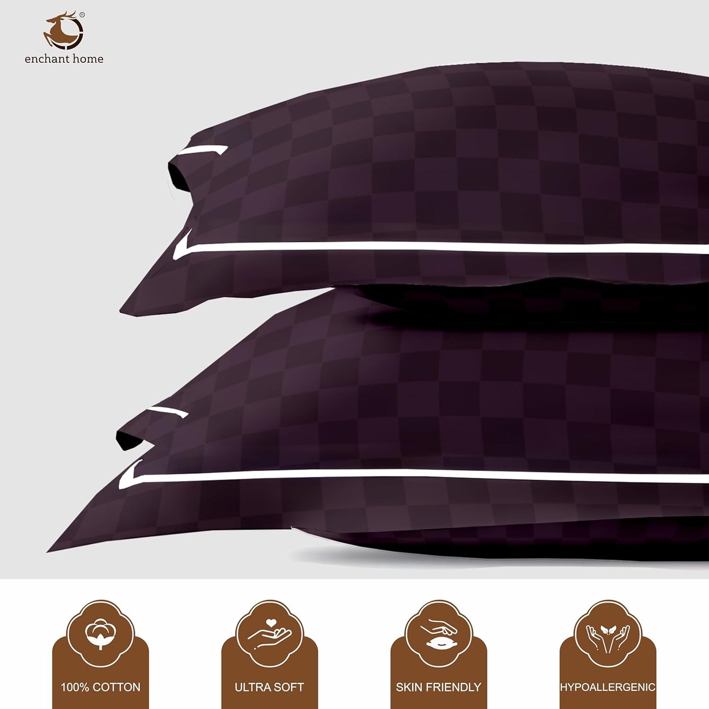 Pure Cotton 300 TC Checkered Pillow Cover Set - Wine