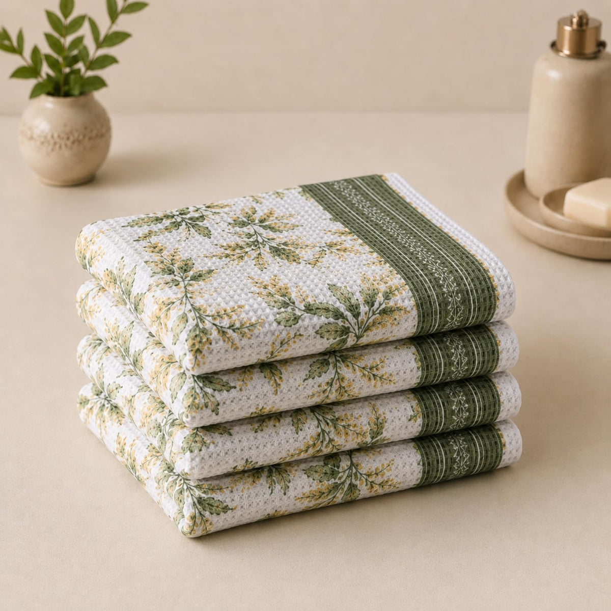Pure Cotton Printed Waffle Hand Towel - Sage Botanical
