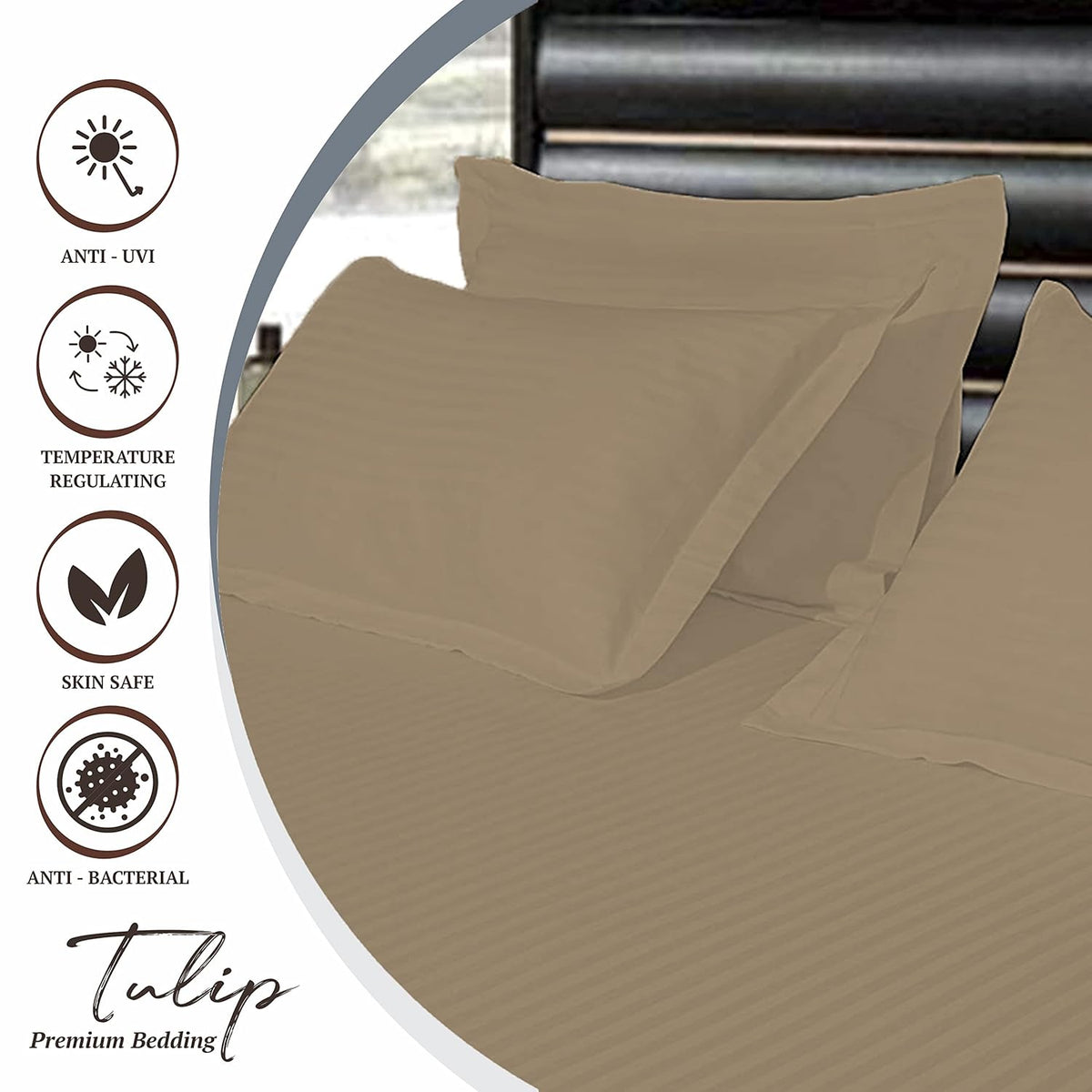 Pure Cotton Pillow Covers with Satin Stripe - Khaki